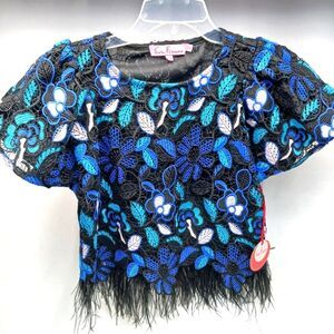 NWT Eva Franco Arlien Top Bellrose Lace Lined USA Made Feather Trim Women's XS.